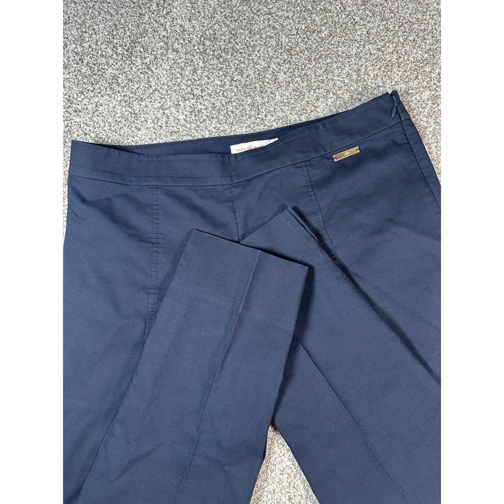 Tory Burch Navy Blue Side Zip Tailored Trousers Pants Size 10 Gold Logo